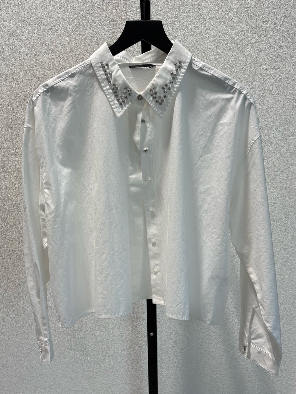 Zara White Button-Down Shirt with Embellished Collar